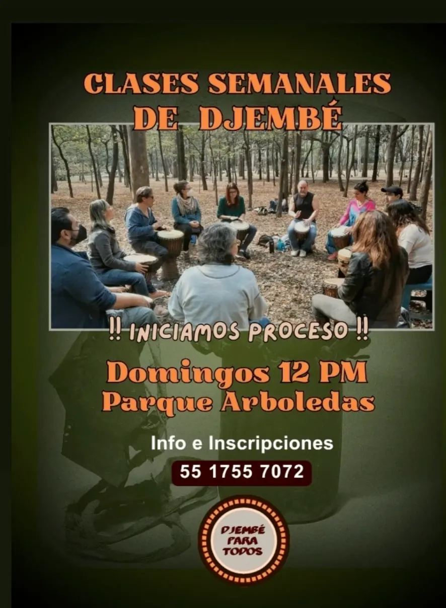Anuncio de clases semanales de djembé en Parque Arboledas